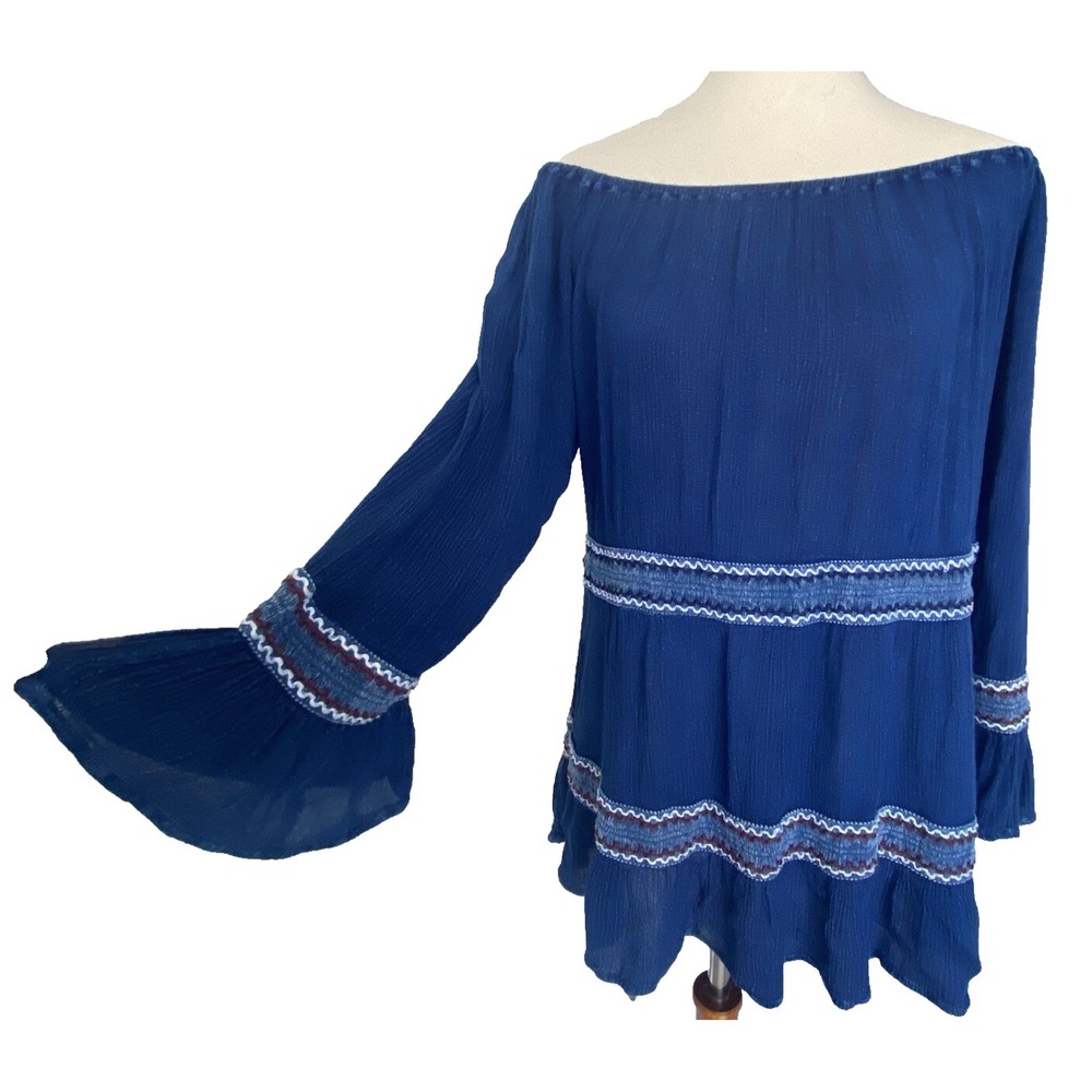 Studio West Womens S Blue Boho Off Shoulder Smocked Bell Sleeve Ruffle Rayon Top